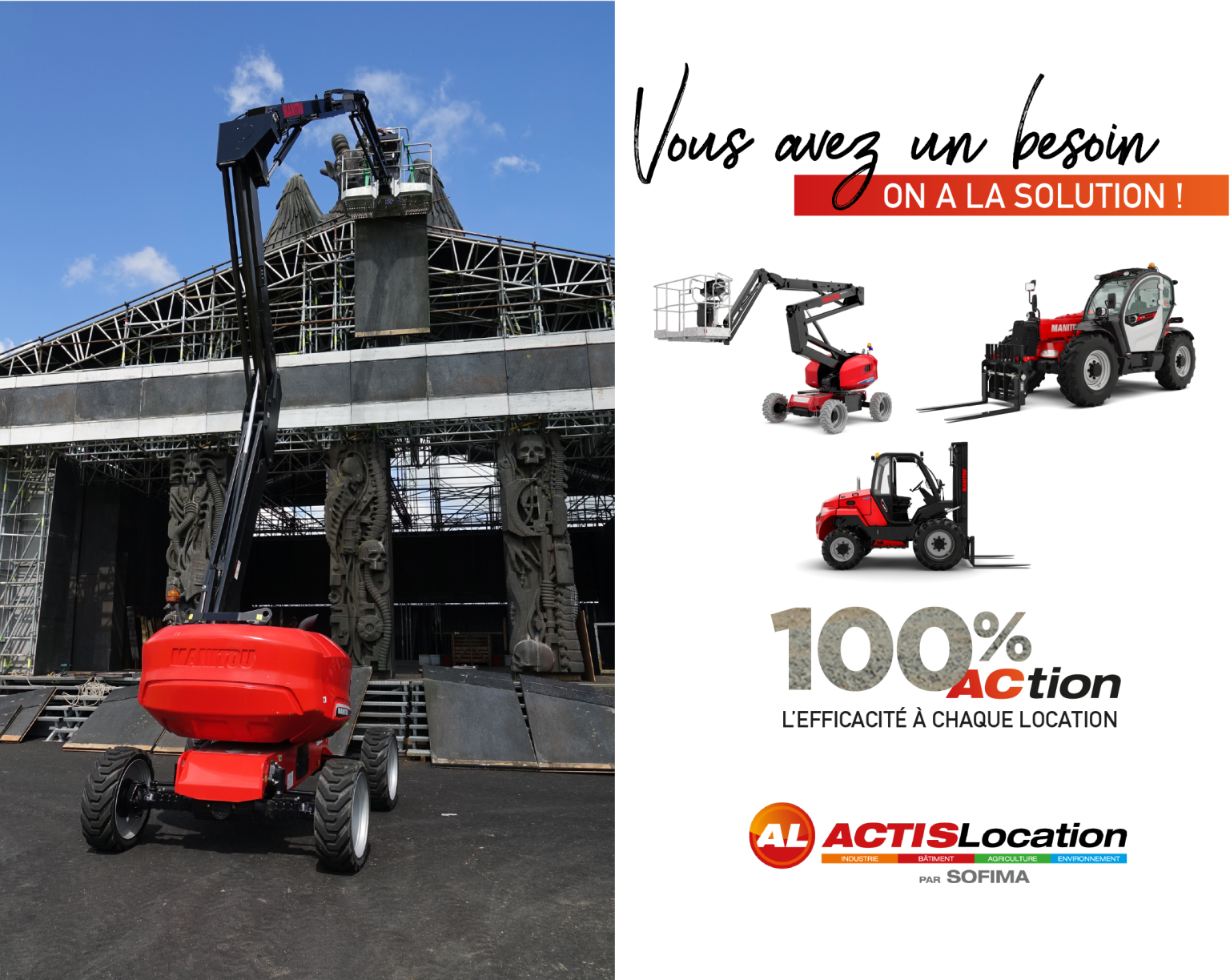 Construction site left: red Manitou telehandler beside scaffolding; split with white promotional graphic on right showing slogan and equipment images.