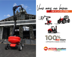 Construction site left: red Manitou telehandler beside scaffolding; split with white promotional graphic on right showing slogan and equipment images.